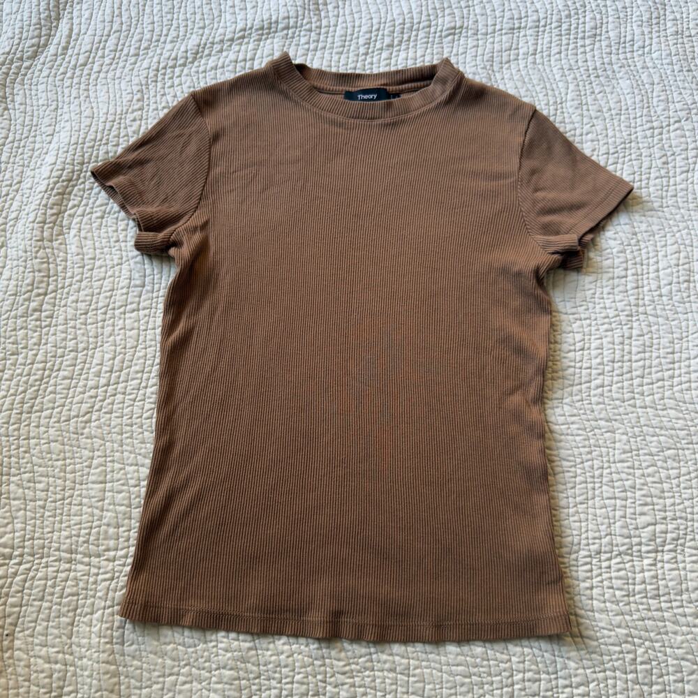 Theory Brown Ribbed Short Sleeve Tee